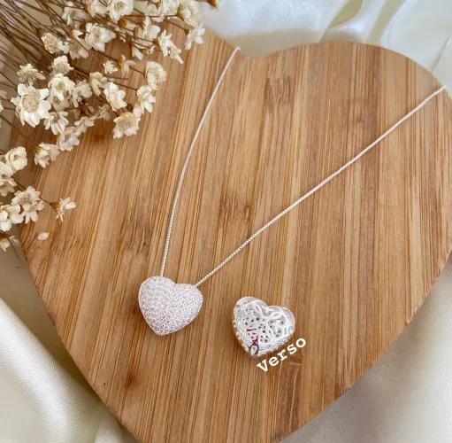 Colar LUXO Coração Prata 925 Presente Feminino Dia Dos Namorados