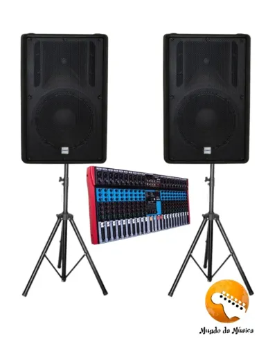 KIT- 2 CAIXAS DE SOM ATIVAS DBR 715-700w RMS + 2 TRIPÉS PARA CAIXA + Mesa Som Ms202 Eux 