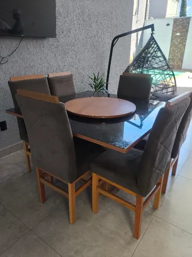 Mesa jantar vidro preto + 6 Cadeiras com Centro Giratório completo