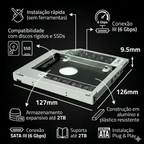 Adaptador Dvd Para Hd Ssd Notebook Drive Caddy 9,5mm Sata 