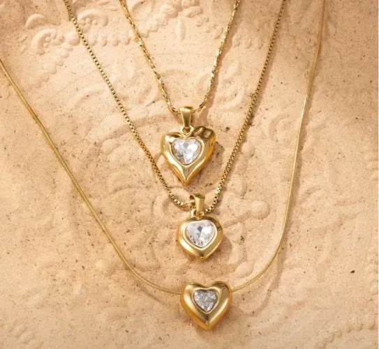 Colar dourado pedra transparente aço inoxidável