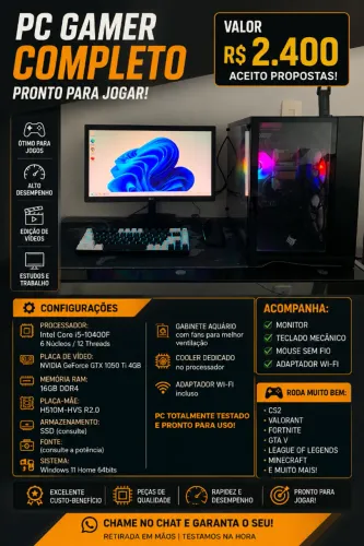 PC Gamer Completo i5-10400F | GTX 1050 Ti | 16GB RAM | Monitor + Kit Gamer