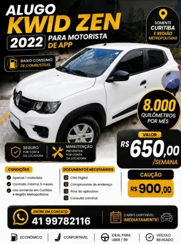 Locação Kwid para Uber 99 Taxi
