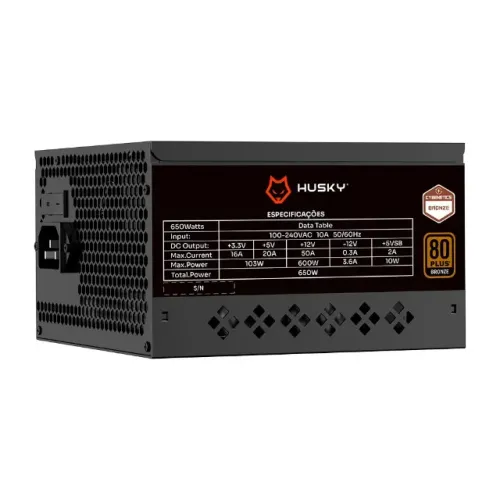 Fonte Husky Sledger 650W, 80 Plus Bronze, Cybenetics Bronze, PFC ativo, Bivolt