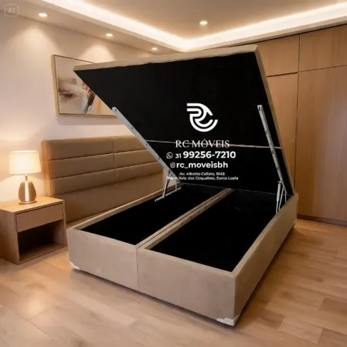 Cama Box Baú Queen 1.58x1.98 Bipartido Blindado com Pistão a Gás