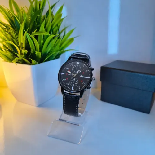 Relógio Masculino Couro Preto/Vermelho Geneva® - Novo na Caixa + Brindes