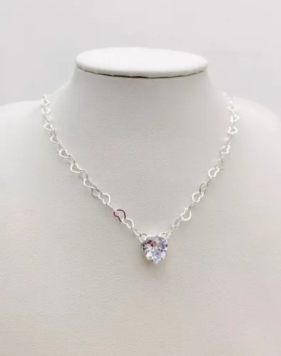 Choker Prata 925 Elos Corações + Cristal de Coração