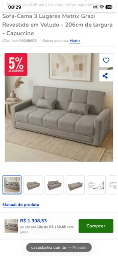 Sofá-Cama 3 Lugares Matrix Grazi rev em veludo