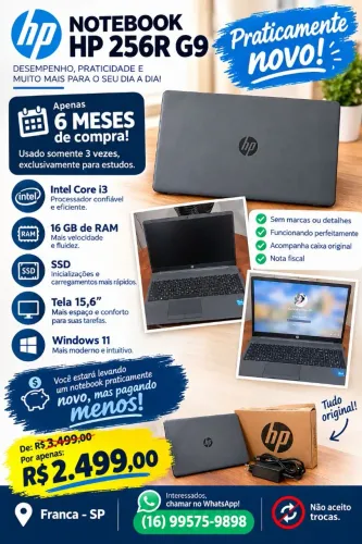 OPORTUNIDADE! NOTEBOOK HP I3 COM 16 GB RAM POR R$ 2.499!