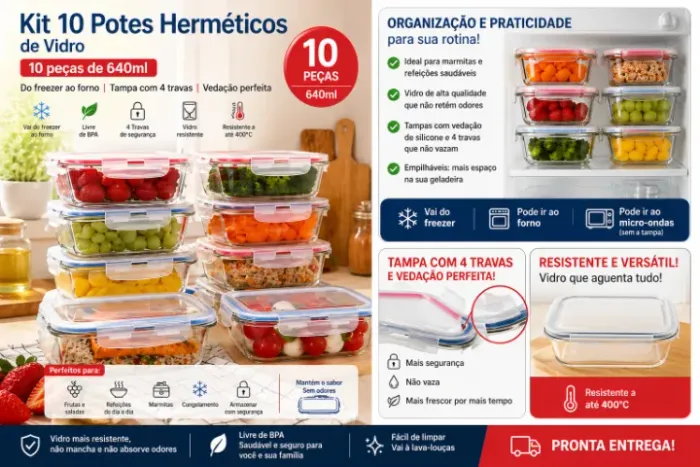 Kit 10 Potes Herméticos de Vidro 640ml - Novos | Pronta Entrega ? 