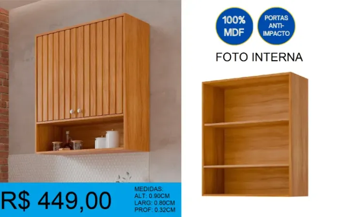 Armário aéreo cozinha 100% mdf larg:80cm alt:90cm - frete grátis!
