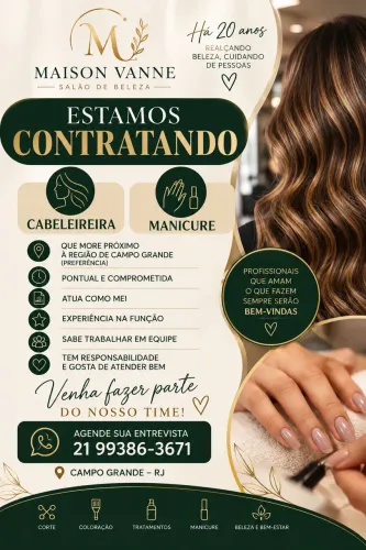 Vaga cabeleireira e manicure salão de beleza