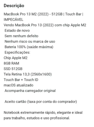 MacBook pro 13 em estado de novo.