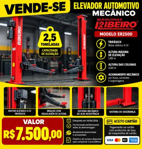 Elevador Automotivo Mecânico Ribeiro ER2500 2,5T Trifásico