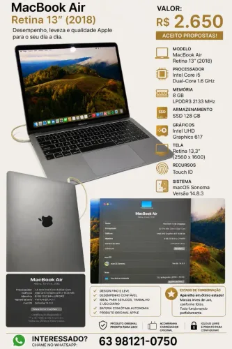 MacBook Air Retina 13" 2018 - Intel Core i5 | 8GB RAM | SSD 128GB | Excelente Estado