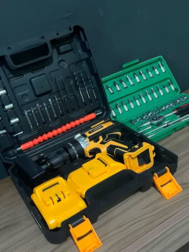 Kit Completo Parafusadeira 21V + Jogo de Soquetes 46 Peças 2 Baterias