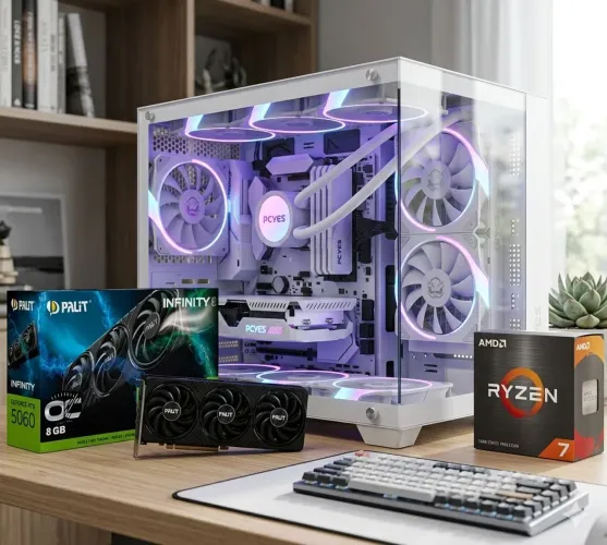 PC GAMER TOP! RTX 5060 3 FANS + RYZEN 7 + GABINETE AQUARIO BRANCO
