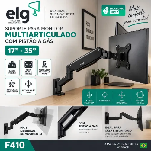 Suporte ELG F410 para Monitor 17? a 35? com Pistão a Gás - Multiarticulado