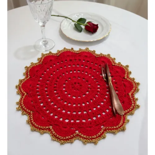 Kit de Sousplat de crochê 6 lugares, Jogo Americano redondo vermelho, decoração de mesa