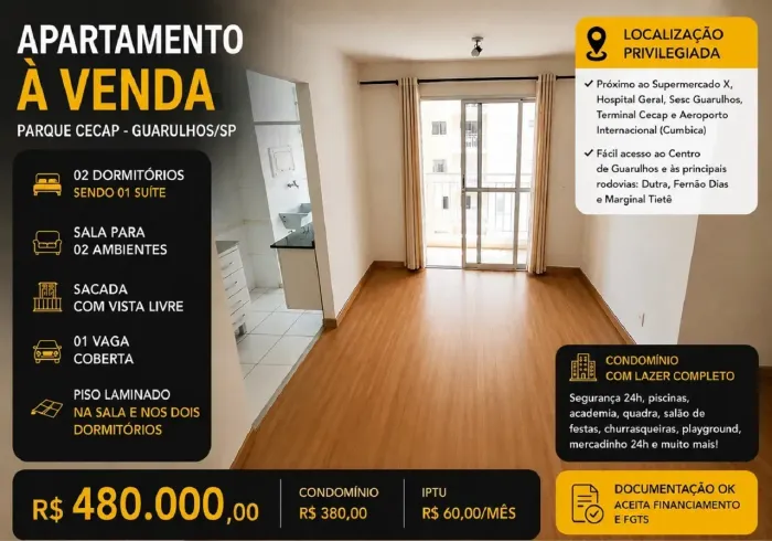 Apartamento para vender no Condomínio Residencial Magnum com 2 quartos em Cecap - Guarulho