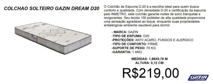 Colchão Solteiro Gazin Dream D20