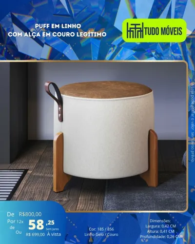 Puff em linho com alça em couro legítimo 
