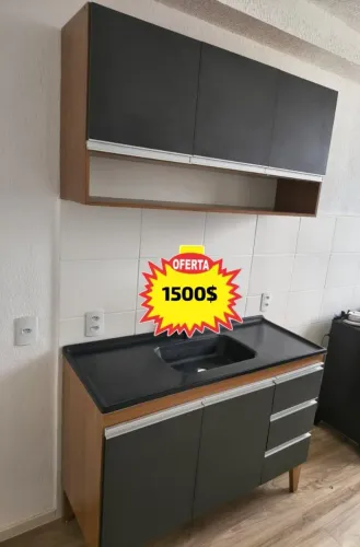 Conjunto de cozinha 1.20 armário aéreo com pia e balcão amadeirado