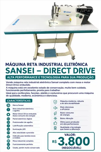 máquina reta industrial eletrônica Sansei, com motor Direct Drive integrado,