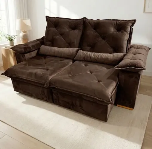 Sofá Retrátil Reclinável Veludo Marrom 2,00m Linha Torino