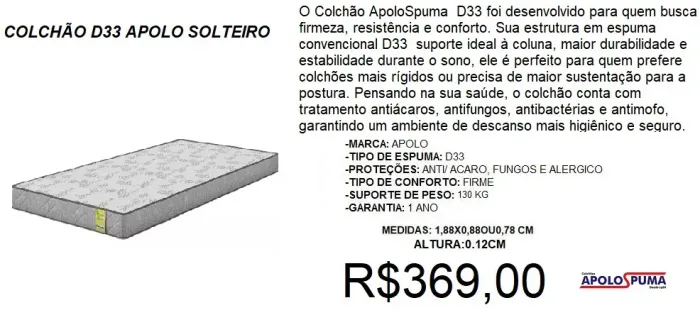 Colchão solteiro espuma d33 apolo - à pronta e entrega