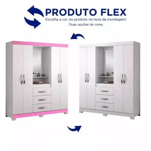 Guarda Roupa Capelinha NT 5015 4Pts 3Gvs c Espelho Branco ou Rosa Notavel - Entrega Rápida