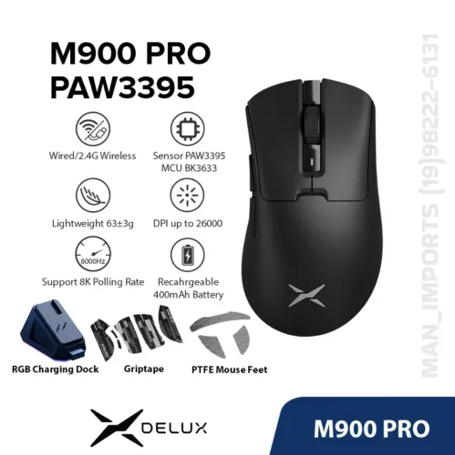 Mouse Gamer DELUX M900 PRO - PAW3395, Dock RGB, 26000 DPI, Dual-Mode, 8000Hz