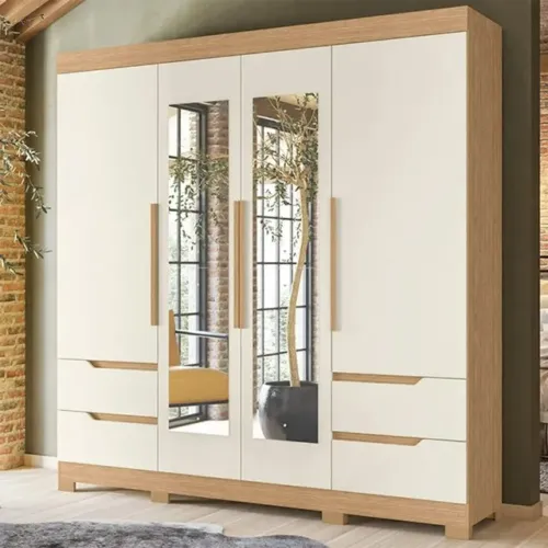 Guarda Roupa Grande 6 Portas 4 Gavetas Com Espelho Cinamomo/Off White