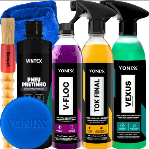 Kit Vonixx Shampoo Automotivo - V-Floc Cera Carnaúba Limpador Vexus e Pretinho 