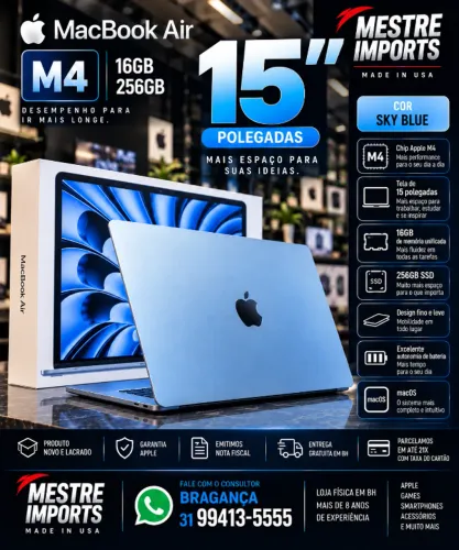 MacBook Air M4 15 polegadas 16GB RAM 256GB SSD SKYblue Novo Lacrado Nota Fiscal