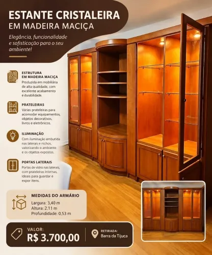 Estante cristaleira em madeira maciça 