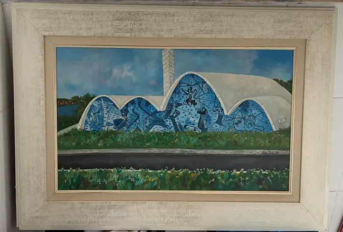 Belo quadro tinta a óleo sobre eucatex retrata a Pampulha