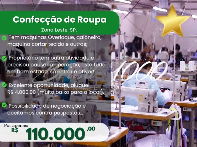 Confecção de Roupa na Zona Leste, SP. (Cod 107800)