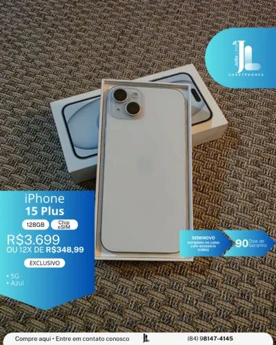 IPHONE 15 PLUS, 5G, 128GB, CHIP ESIM, AZUL, SEMINOVO , EXCLUSIVO!