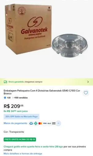 Petisqueira G540 com 4 divisoria - CAIXA FECHADA COM.100 UNIDADES