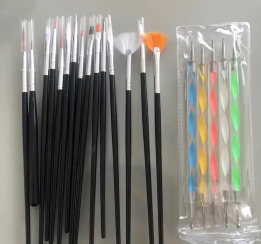 Kit Profissional 15 Pincéis + 5 Canetas Boleadoras Duplas Unhas Nail Art