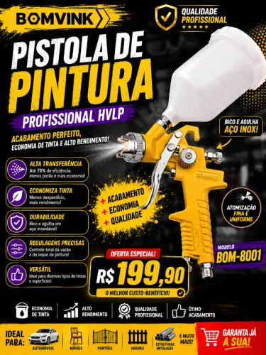Pistola de Pintura Profissional HVLP Bomvink BOM-8001 - Alta Transferência e Economia de T