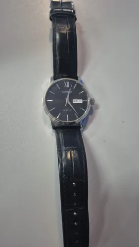Relógio Mecânico Cadisen, pulseira de couro e vidro de safira