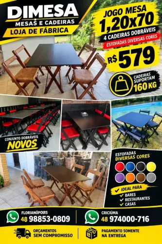 Jogo Mesa 1,20x70 + 4 Cadeiras Dobráveis Estofadas diversas cores