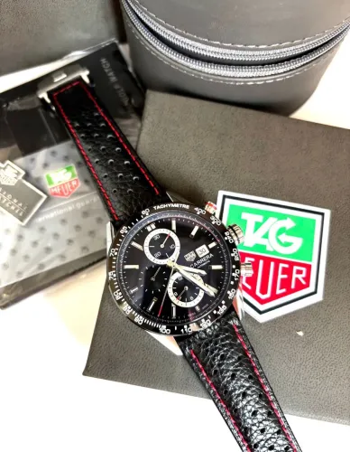 Relogio TAG Heuer Carrera Automático Cronógrafo Preto Pulseira Couro Linha Premium