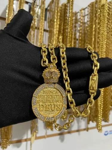 Corrente Masculina Grossa Moeda Antiga Banhada A Ouro