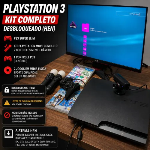 PlayStation 3 Slim Desbloqueado + Kit Move Completo
