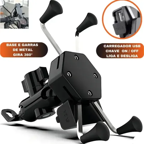 SUPORTE X DE MOTO RETROVISOR EM GARRA COM CARREGADOR PARA CELULAR