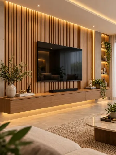Painel de tv ripado com rack