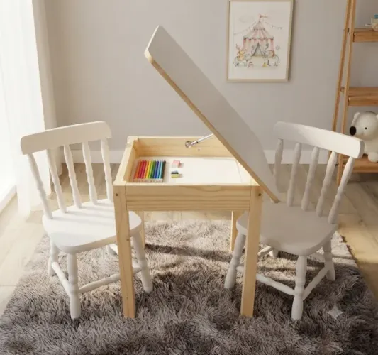 Conjunto Mesa Infantil kit Mdf 60x60 Com Baú com 2 Cadeira Infantil Colorida Dalas Tornead